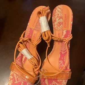 Antonio Melani 9.5 orange heels with wrap around shoe lace straps